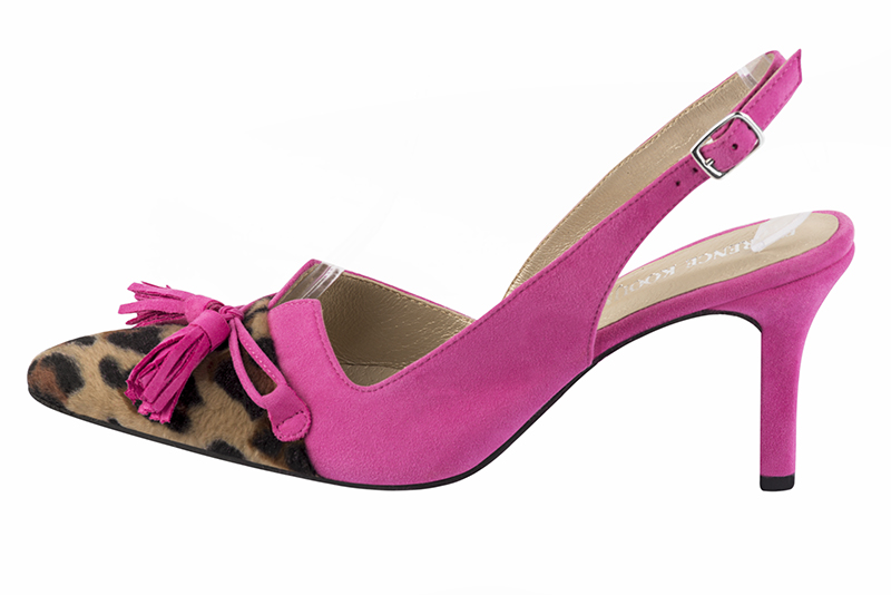 Safari black and fuschia pink women's open back shoes, with a knot. Tapered toe. High slim heel. Profile view - Florence KOOIJMAN
